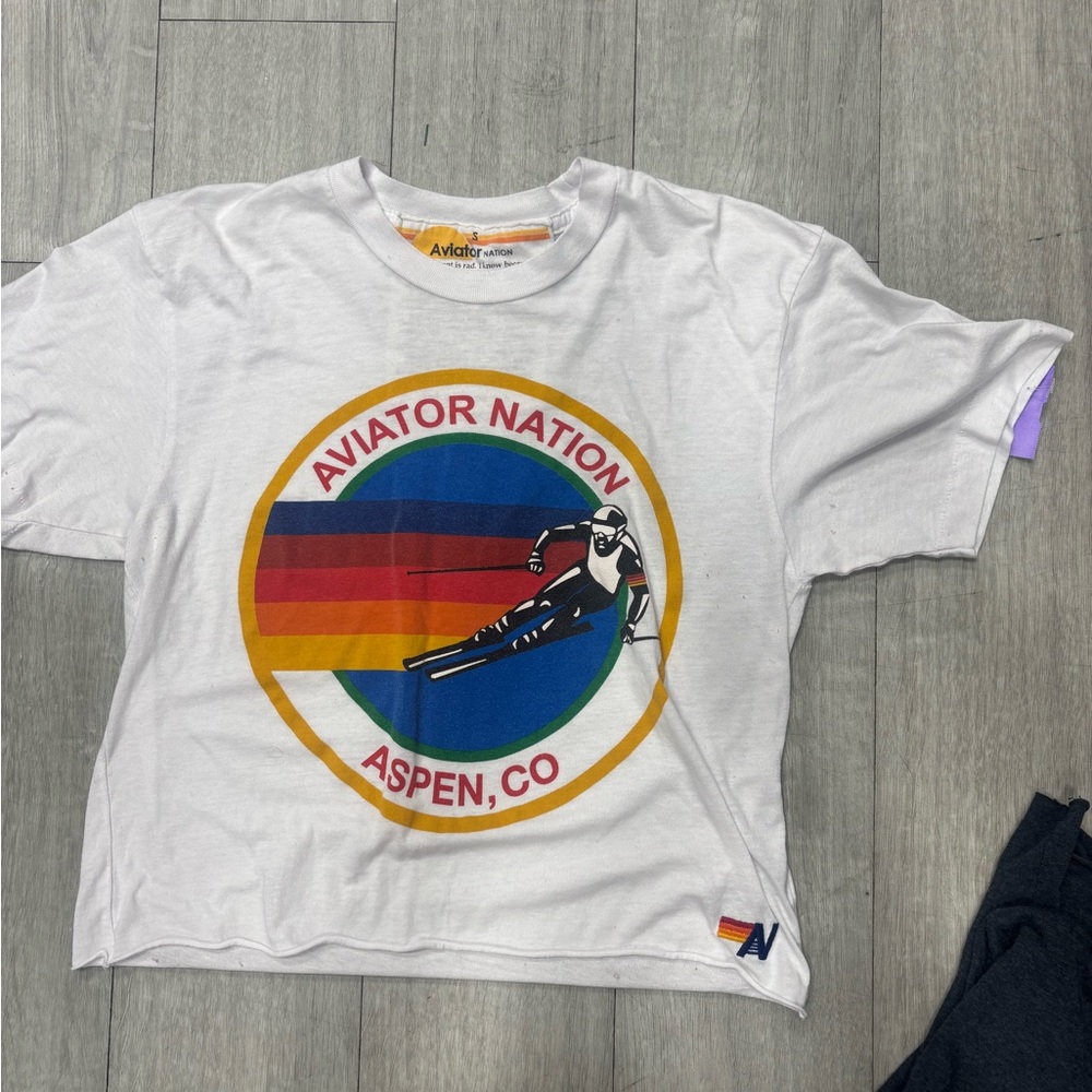Aviator Nation White Tee with Colorful Ski Graphic